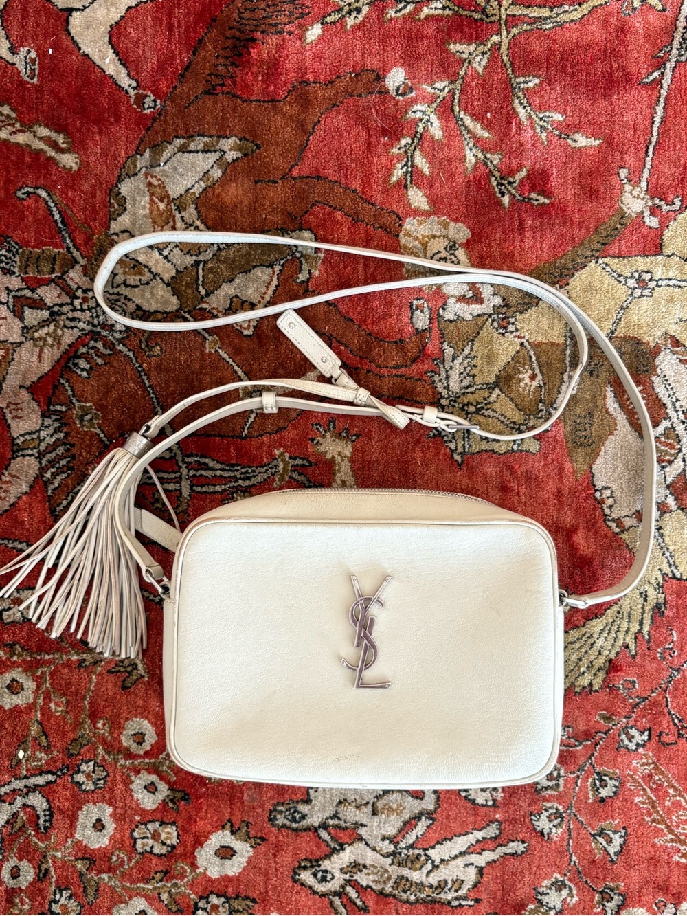 Saint Laurent Cream Leather Crossbody Camera Bag with Tassel